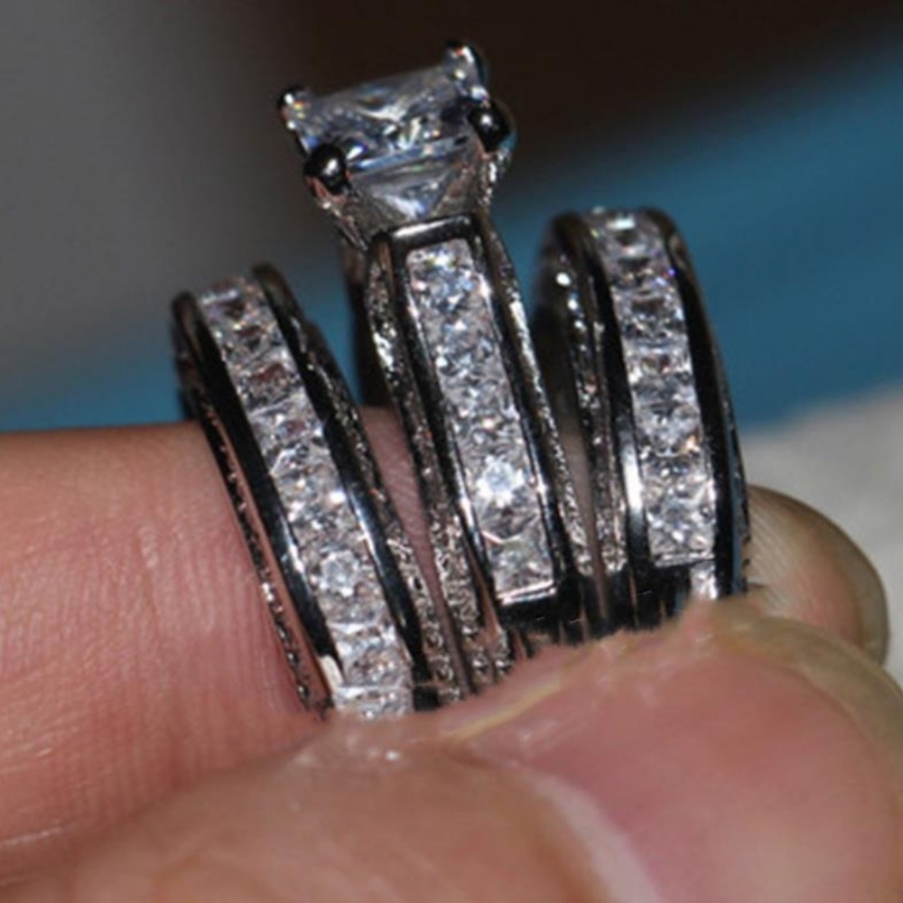 3PC 925 Sterling Silver Princess Cut Diamond Ring - Picture 3 of 4